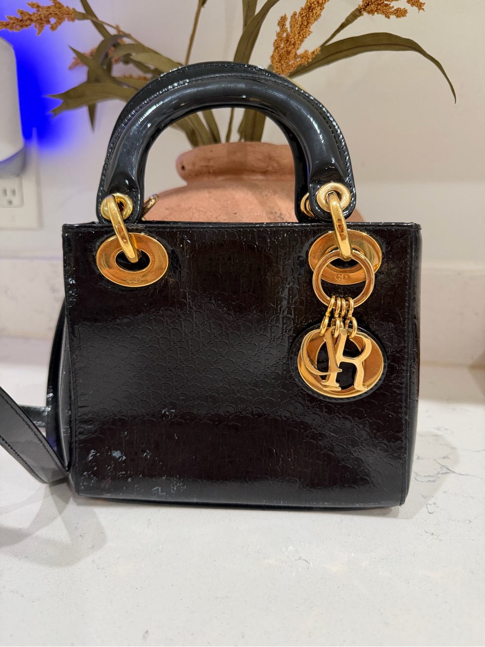 Black Patent Leather Top-Handle Bag with Gold Hardware Dior 2004